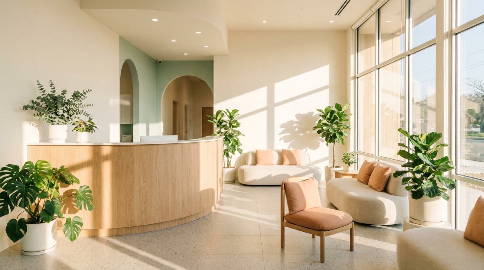 The Brightside studio — a warm, light-filled reception with plants and rounded oak furniture