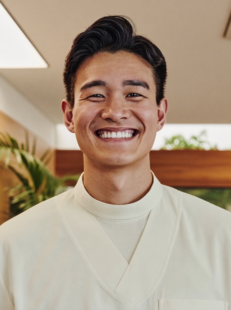 Daniel Cho, hygienist, smiling in the Brightside studio